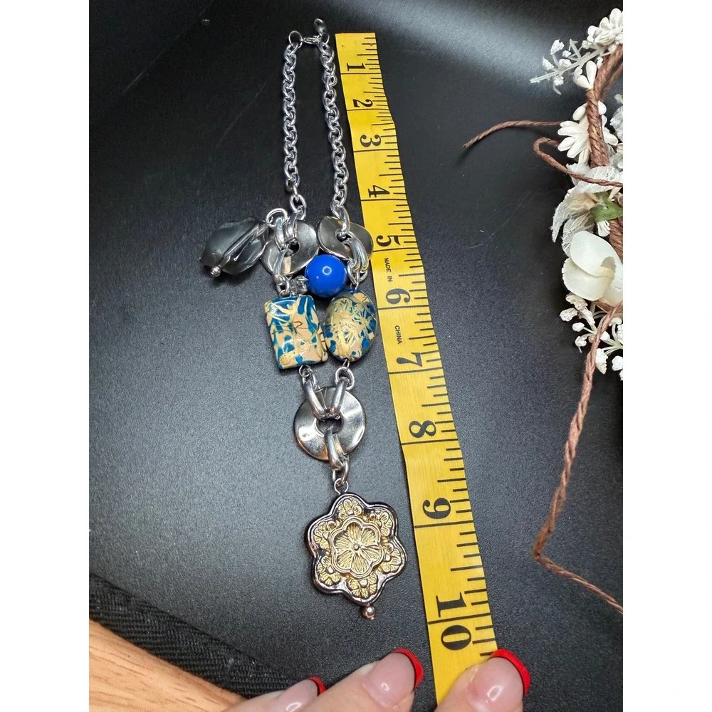 Silver Tone Mixed Media Statement Necklace Marbled Beads Artisan Boho Chunky